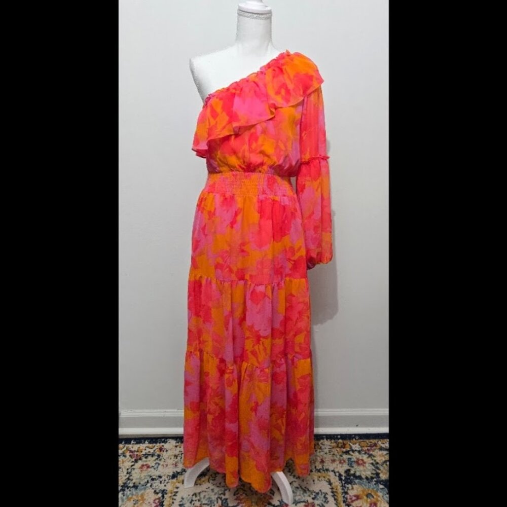 NWT Womens Floral One Shoulder Tiered Ruffle Maxi Dress Size S Tropical Resort